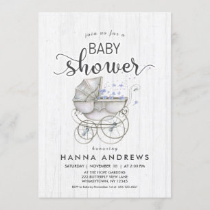 White Wood & Carriage Boy Baby shower Uitnodiging