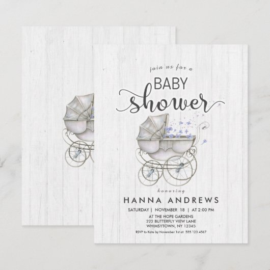 White Wood & Carriage Boy Baby shower Uitnodiging (Voorkant / Achterkant)