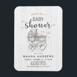 White Wood & Carriage Meisje Baby shower Uitnodigi Magneet<br><div class="desc">Chique wit hout & grillig Antieke Baby koets met roze bloemen baby meisje douche uitnodiging! Pas het aan door uw info toe te voegen! Check mijn winkel om het hele collectie met dit ontwerp te zien!</div>