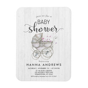 White Wood & Carriage Meisje Baby shower Uitnodigi Magneet
