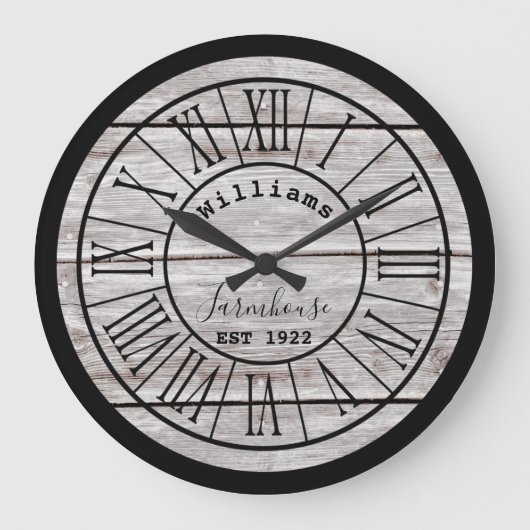 White Wood Farmhouse Family Name Large Clock Grote Klok (Voorkant)