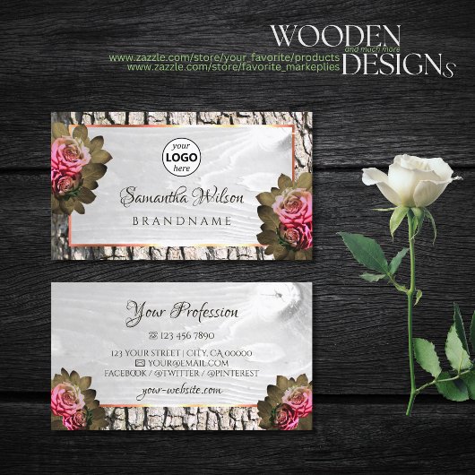 White Wood Grain Roze Roses Natural Tree Bark Logo Visitekaartje