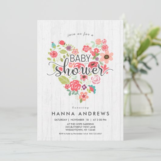 White Wood & Heart Girl Baby shower Invitation Kaart (Staand voorkant)