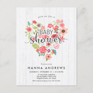 White Wood & Heart Girl Baby shower Invitation Kaart