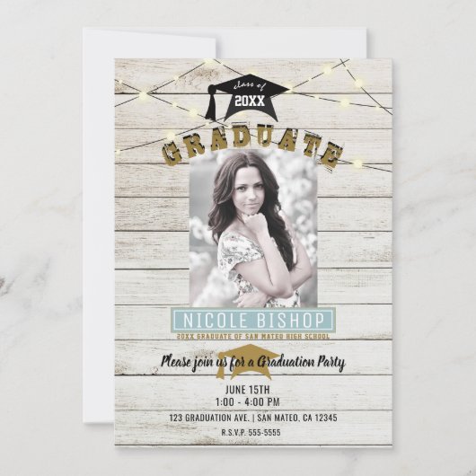 White Wood Lace Lights Graduparty Kaart (Voorkant)