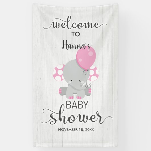 White Wood & Pink Elephant Baby shower Welkom Spandoek (Verticaal)