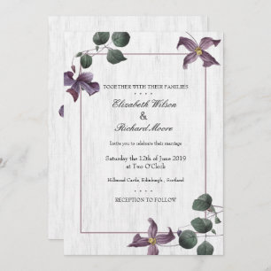 White Wood Purple Flowers Wedding Invite Kaart