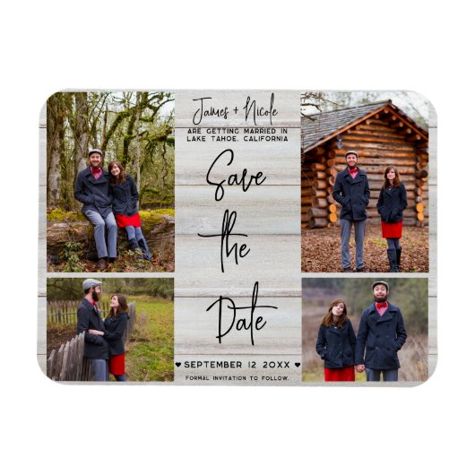 White Wood Rustic 4 Foto's Save the Date Wedding Magneet (Horizontaal)