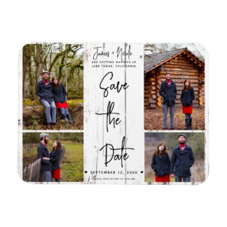 White Wood Rustic 4 Foto's Save the Date Wedding Magneet