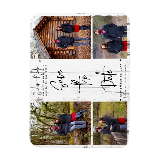 White Wood Rustic 4 Foto's Save the Date Wedding Magneet (Verticaal)