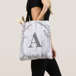White Wood Rustic Farmhouse Monogram Letter Tote Bag