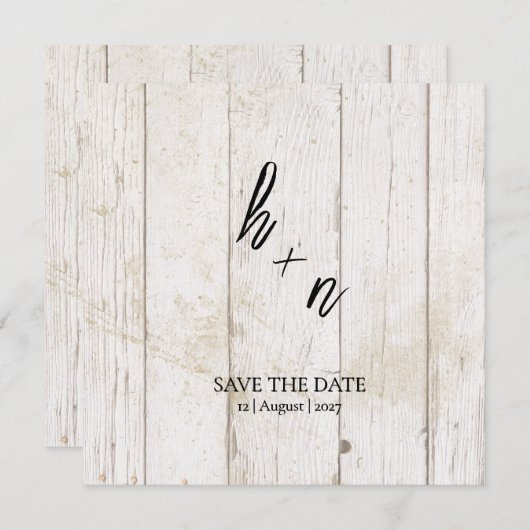 White Wood Save the Date Minimalistische Initialen (Voorkant / Achterkant)
