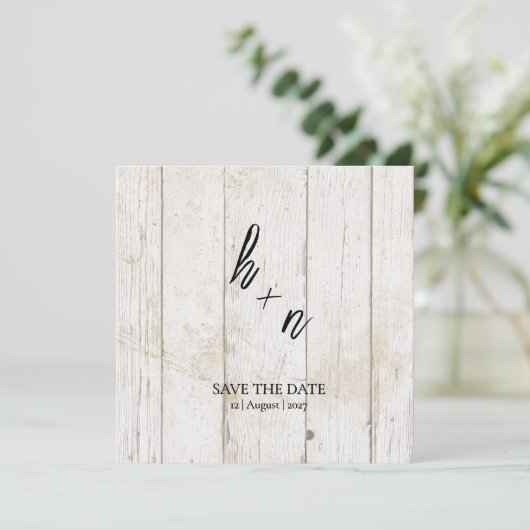 White Wood Save the Date Minimalistische Initialen (Staand voorkant)