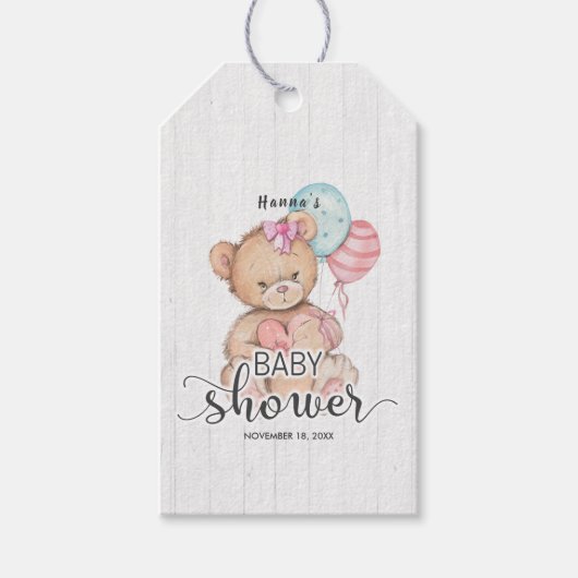 White Wood & Teddy Bear Meisje Baby shower Dank u Cadeaulabel (Voorkant)