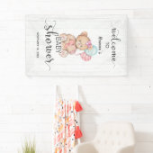 White Wood & Teddy Bear Meisje Baby shower Welkom Spandoek (Insitu)