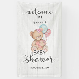 White Wood & Teddy Bear Meisje Baby shower Welkom Spandoek