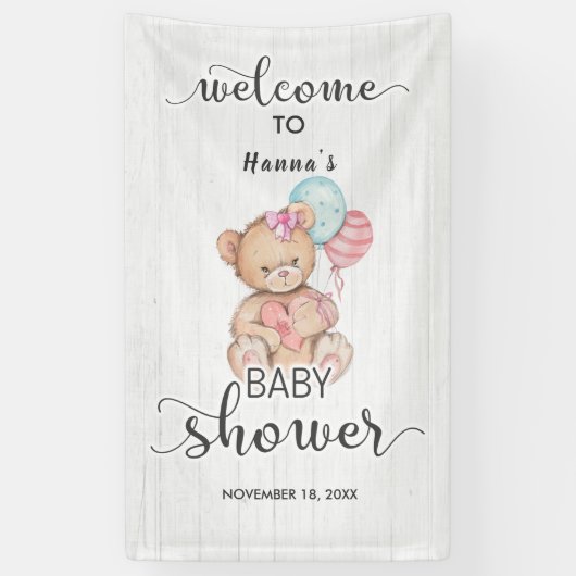 White Wood & Teddy Bear Meisje Baby shower Welkom Spandoek (Verticaal)