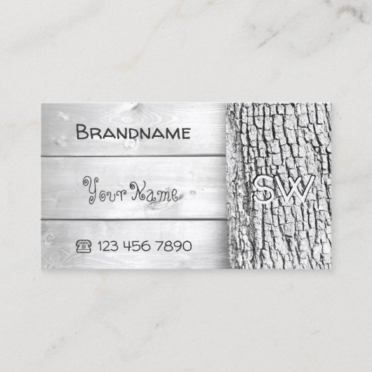 White Wooden Boards Rustic Tree Bark met Monogram Visitekaartje (Voorkant)