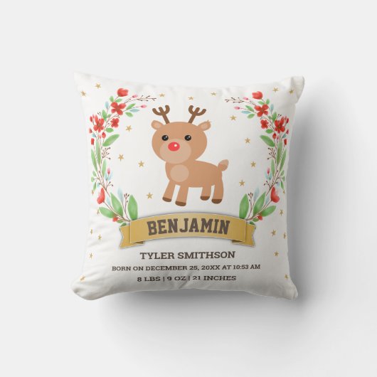 White Woodland Reindeer Baby Boy Birth Stats Kussen (Voorkant)