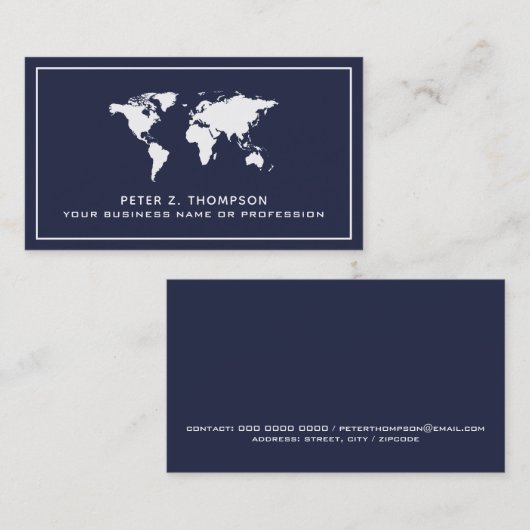 White WorldMap op donkerblauw internationaal Visitekaartje (Voorkant / Achterkant)
