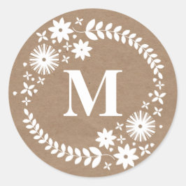 White Wreated Monogram Brown Paper Geïnspireerd st Ronde Sticker