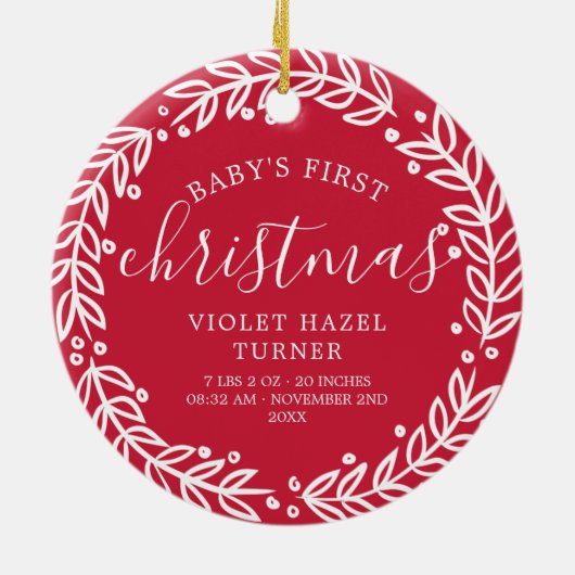 White Wreath | Eerste Kerstmis van Red Baby Keramisch Ornament (Achterkant)