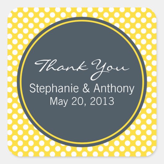 White, Yellow and Charcoal Polka Dot Bedankt Vierkante Sticker (Voorkant)
