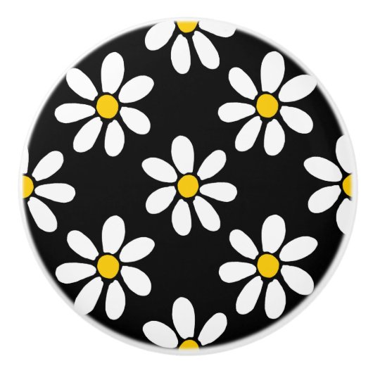 White Yellow Black Daisy Pattern Keramische Knop (Voorkant)