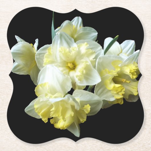 White Yellow Bouquet van Daffodils op Chic Black Kartonnen Onderzetters (Voorkant)