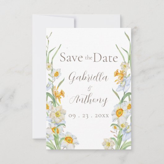 White & Yellow Daffodil Floral Brown Script Save The Date (Voorkant)