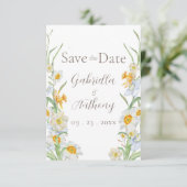 White & Yellow Daffodil Floral Brown Script Save The Date (Staand voorkant)