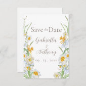 White & Yellow Daffodil Floral Brown Script Save The Date (Voorkant / Achterkant)