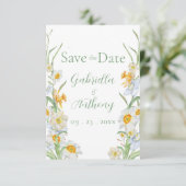 White & Yellow Daffodil Floral Green Script Save The Date (Staand voorkant)
