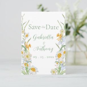 White & Yellow Daffodil Floral Green Script Save The Date