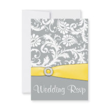 White Yellow en Grey Damask Wedding RSVP-kaarten