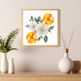 White Yellow Floral Flowers Greenery Wall Art Poster