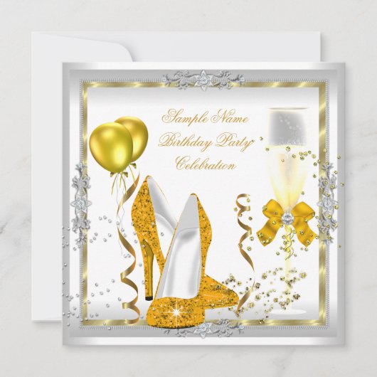 White Yellow Gold Glitter Heels Birthday Party Kaart (Voorkant)