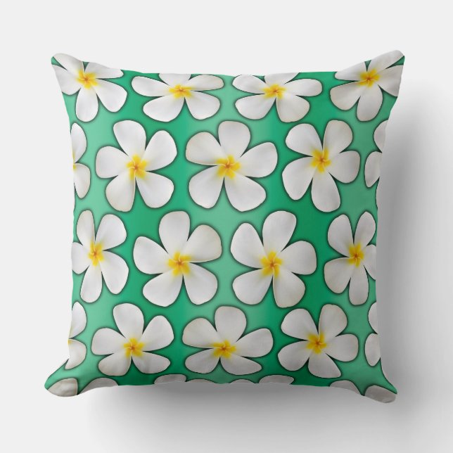 White & Yellow Hawaiian Plumeria Flowers op Green Kussen (Voorkant)