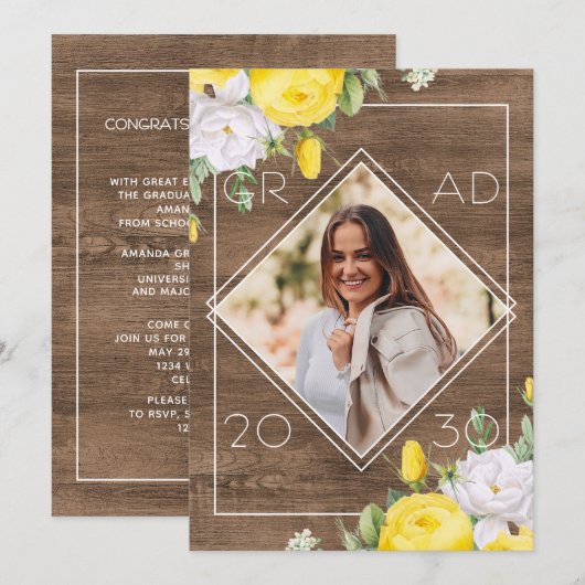 White Yellow Roses Floral Boho Rustic Afstuderen Aankondiging (Voorkant / Achterkant)