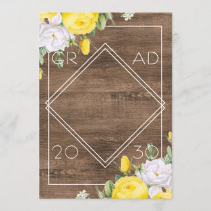 White Yellow Roses Floral Boho Rustic Afstuderen Aankondiging
