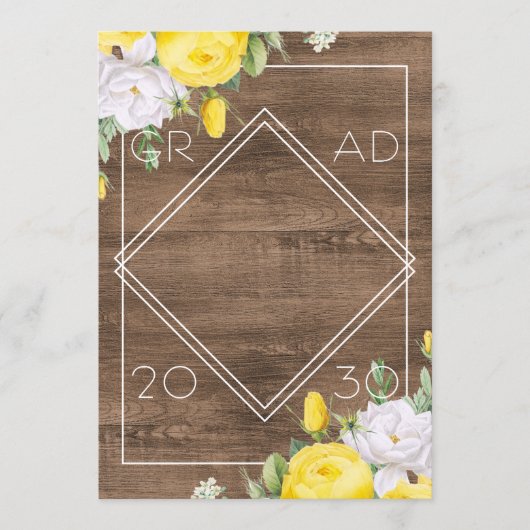White Yellow Roses Floral Boho Rustic Afstuderen Aankondiging (Voorkant)