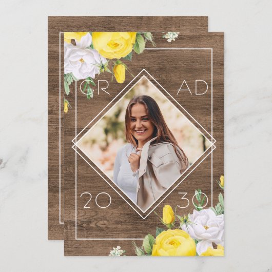 White Yellow Roses Floral Boho Rustic Afstuderen Aankondiging (Voorkant / Achterkant)