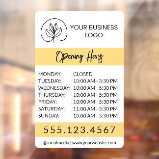 White & Yellow Small Business Logo Open Hours Raamsticker