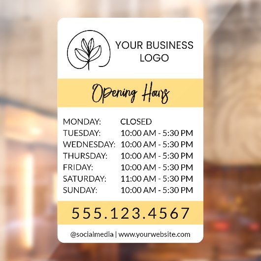 White & Yellow Small Business Logo Open Hours Raamsticker (Vel 2)
