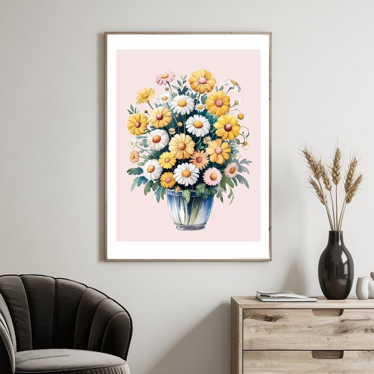 White yellow watercolor daisy bouquet              poster