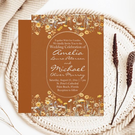 White Yellow Wildflowers Terracotta Wedding Kaart