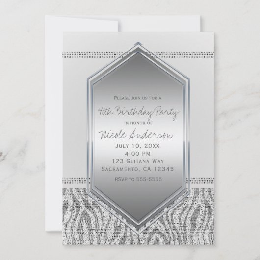 White Zebra Silver Glam Verjaardagsfeest Elk Evene Kaart (Voorkant)