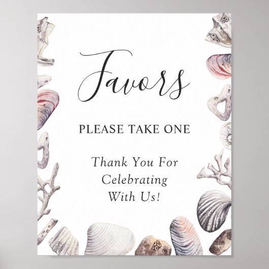 White Zee Shell Coral Beach Wedding Favors Sign Poster (Voorkant)