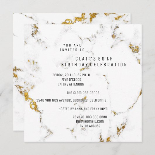 WhiteGold Carrara Marble Geometric Square Party Kaart (Voorkant / Achterkant)