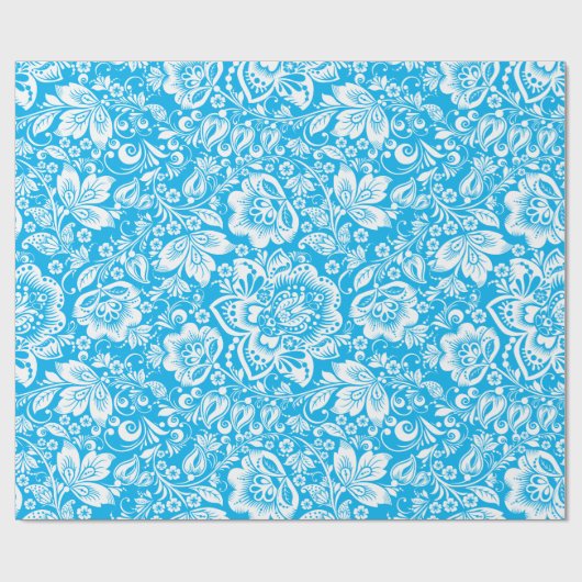 Whitepaper en Blauw Floral Dammaskers Patroonverre Cadeaupapier (Vlak)